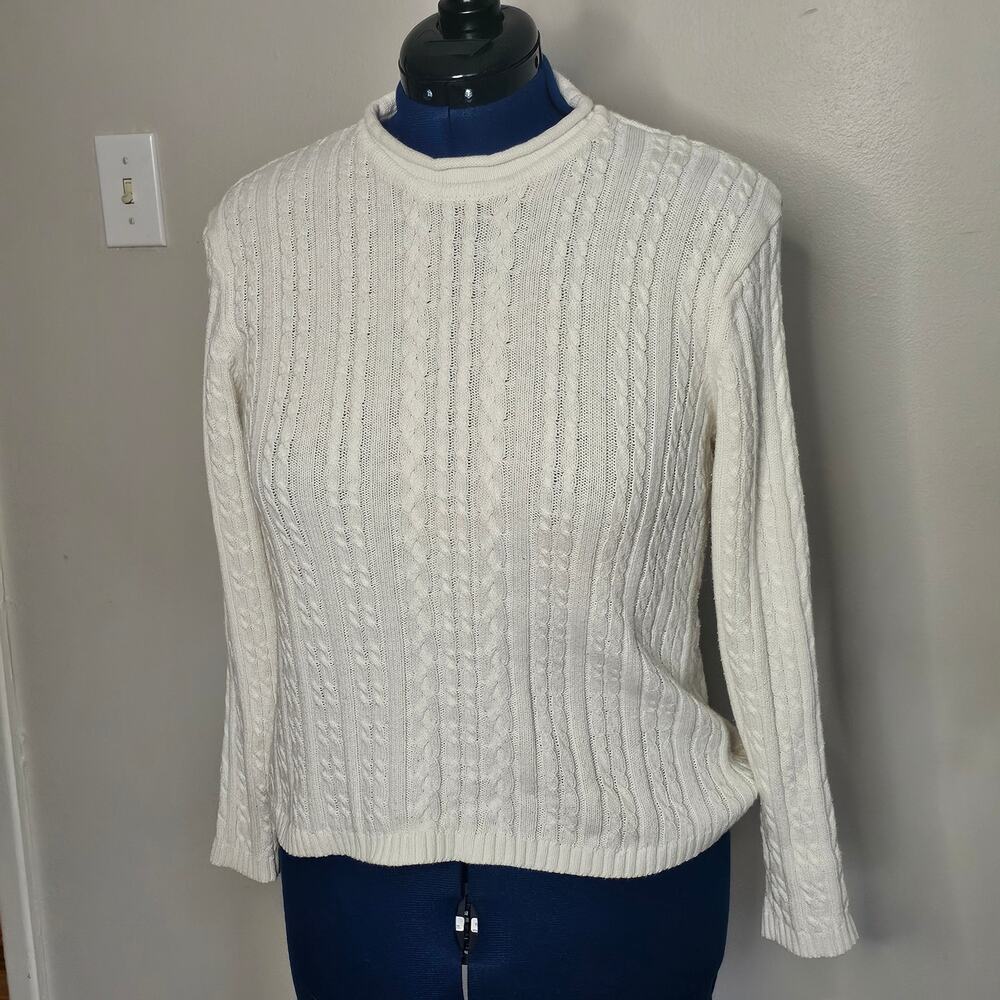 Vtg Jennifer Moore Ivory Cable Knit Cotton Sweater XL Made Korea 90s Preppy